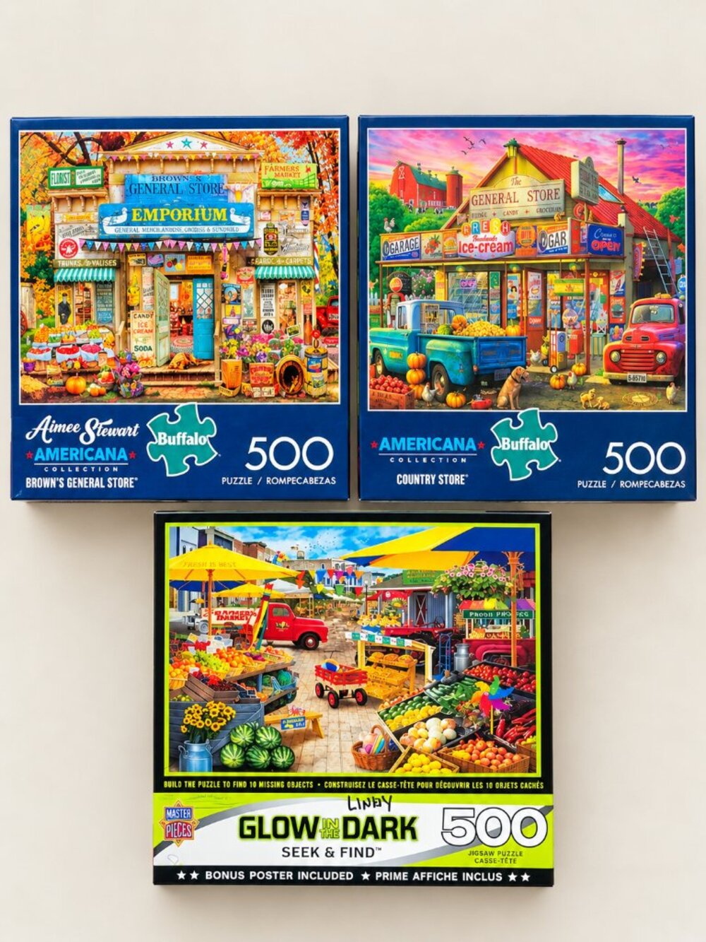 Lot of 3 500 Piece Americana & Country Store Jigsaw Puzzles Aimee Stewart